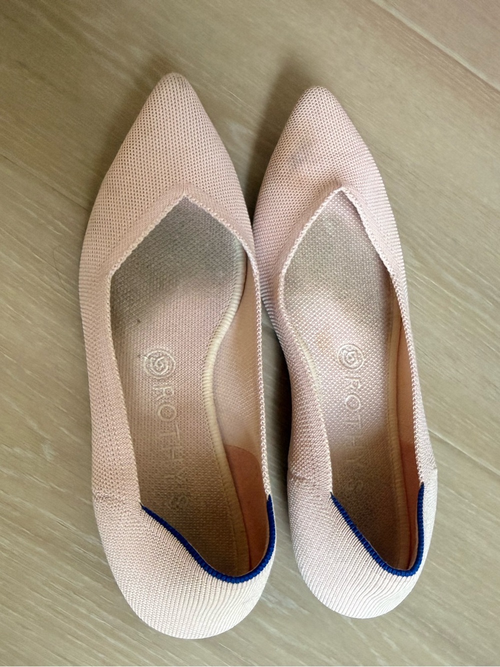 Rothy's Pointed Knit Flats in Blush Pink with Navy Trim